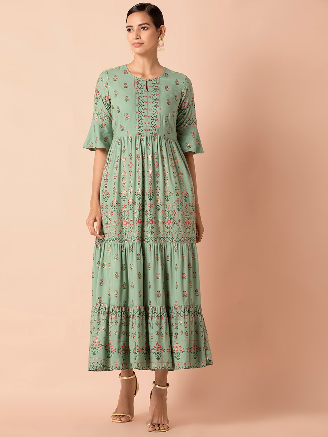 

INDYA Green Bell Sleeve Tiered Maxi Dress