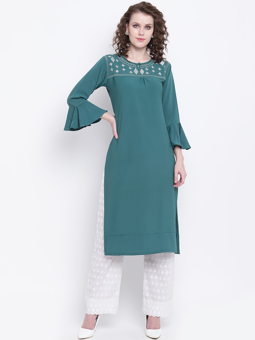 

Napra Women Green Geometric Yoke Design Keyhole Neck Flared Sleeves Crepe Kurta