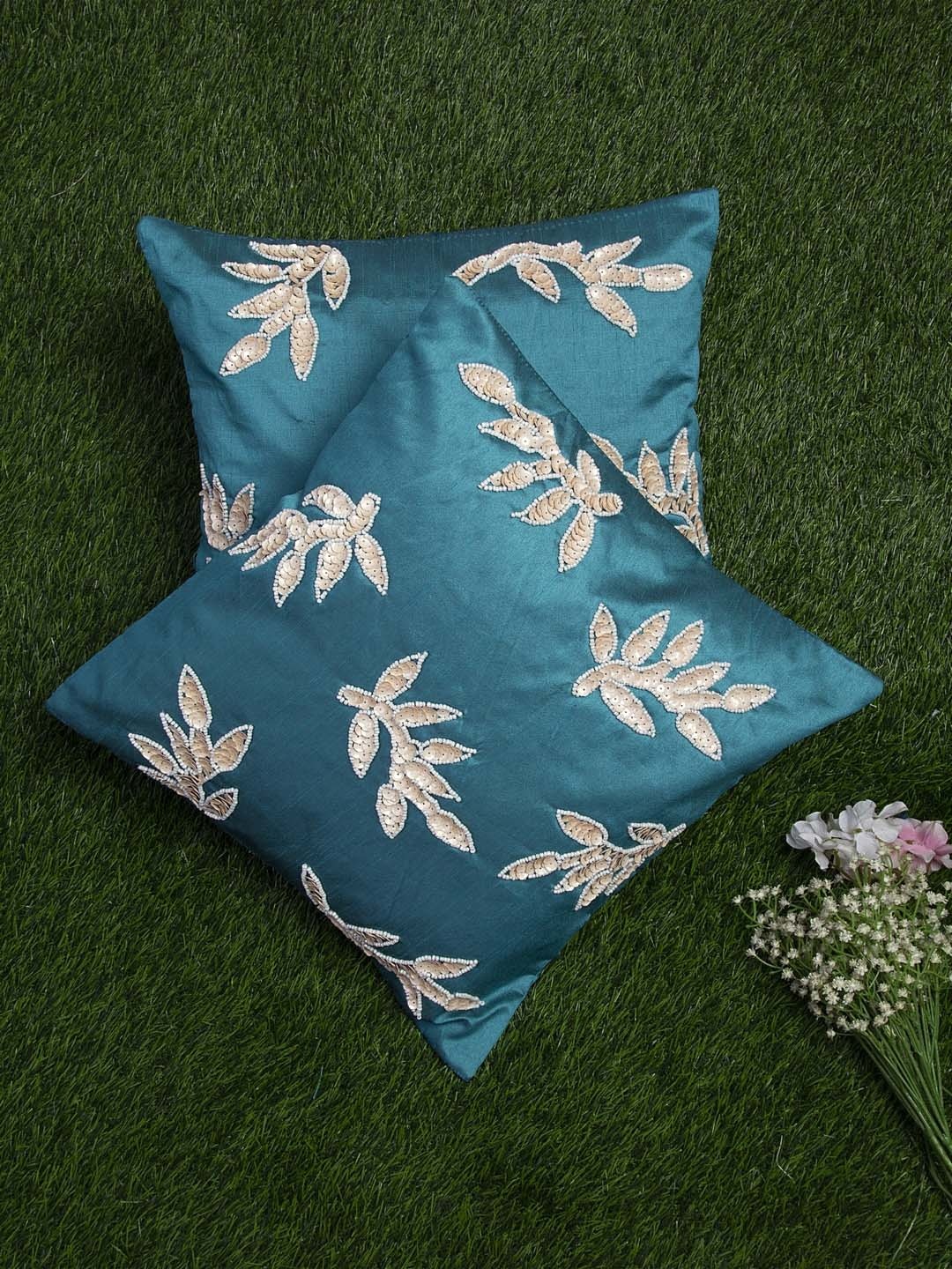 

Alina decor Teal Blue Set of 2 Embellished Square Cushion Covers