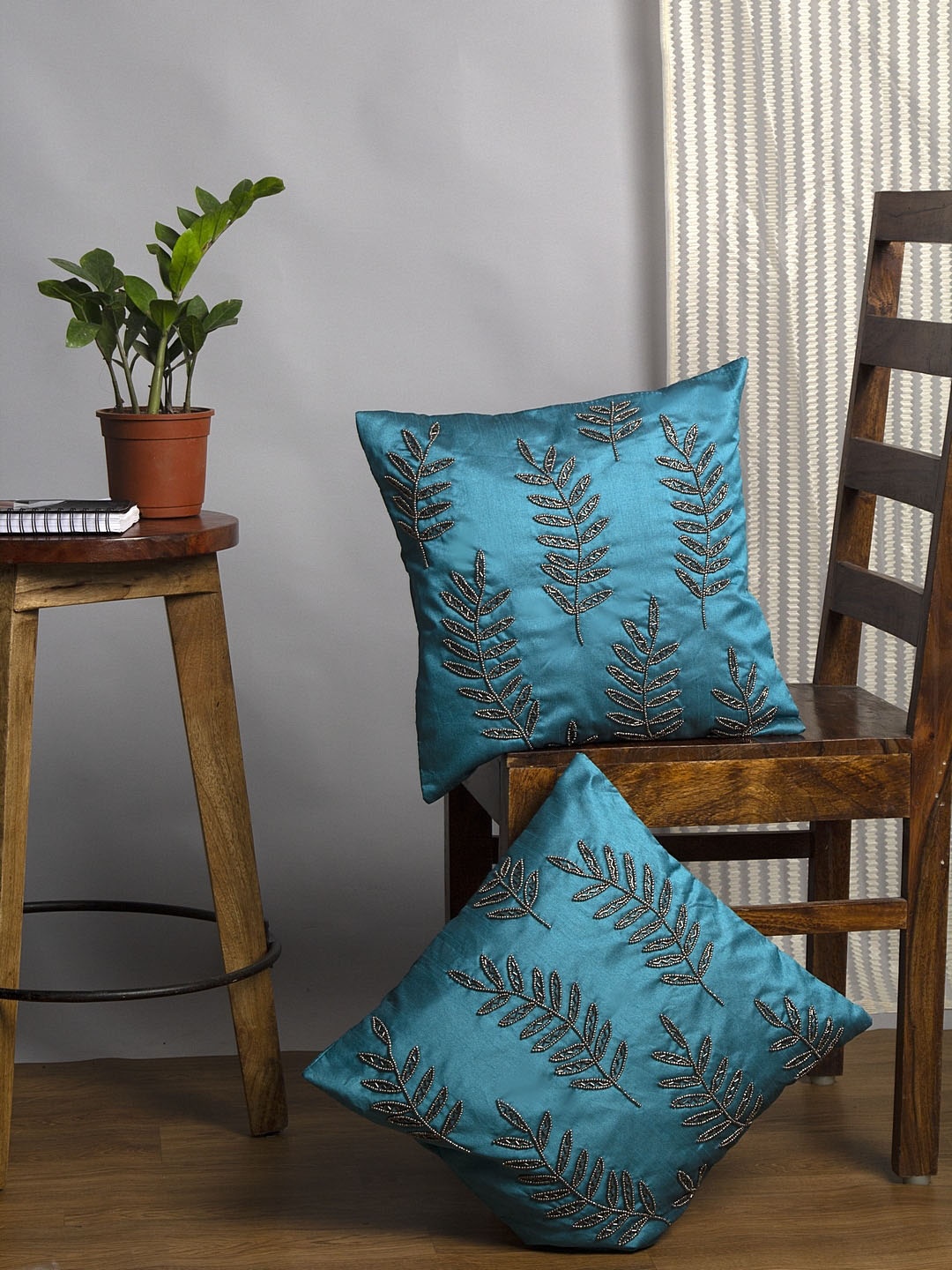Alina decor Teal Blue Set of 2 Embellished Square Cushion Covers