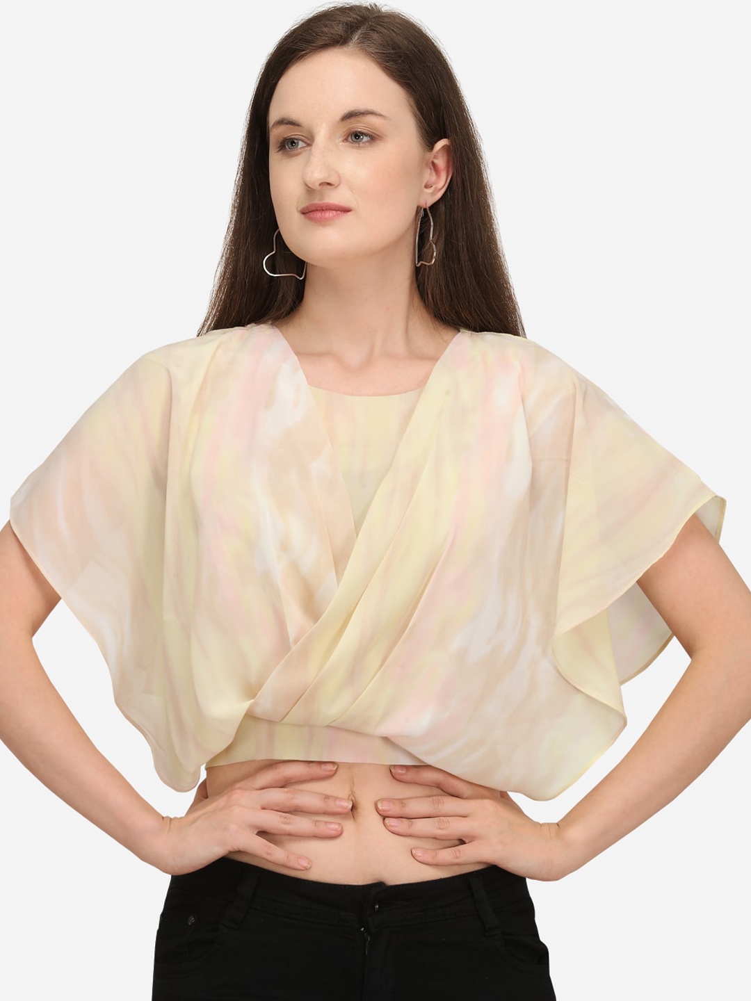 

Fbella Yellow Tie And Dye Batwing Sleeves Georgette Wrap Crop Top