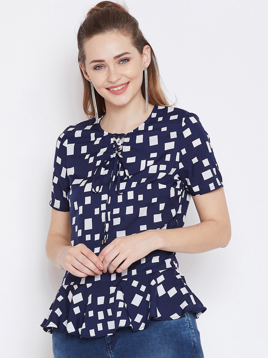 

Zastraa Navy Blue Geometric Printed Crepe Peplum Top