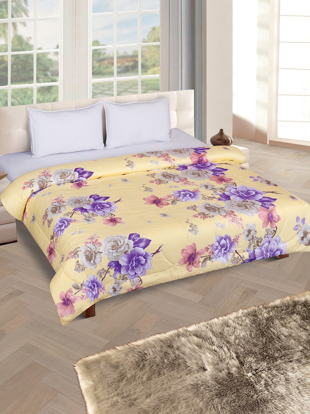 

ROMEE Yellow & Purple Floral AC Room 150 GSM Double Bed Comforter