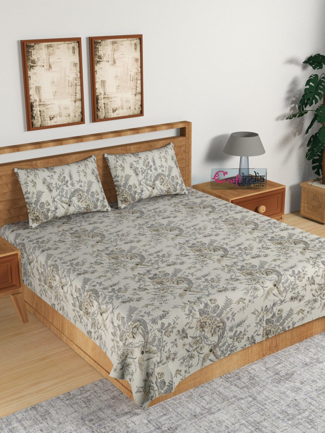 

eCraftIndia Grey & Brown Floral 210 TC Cotton 1 King Bedsheet with 2 Pillow Covers