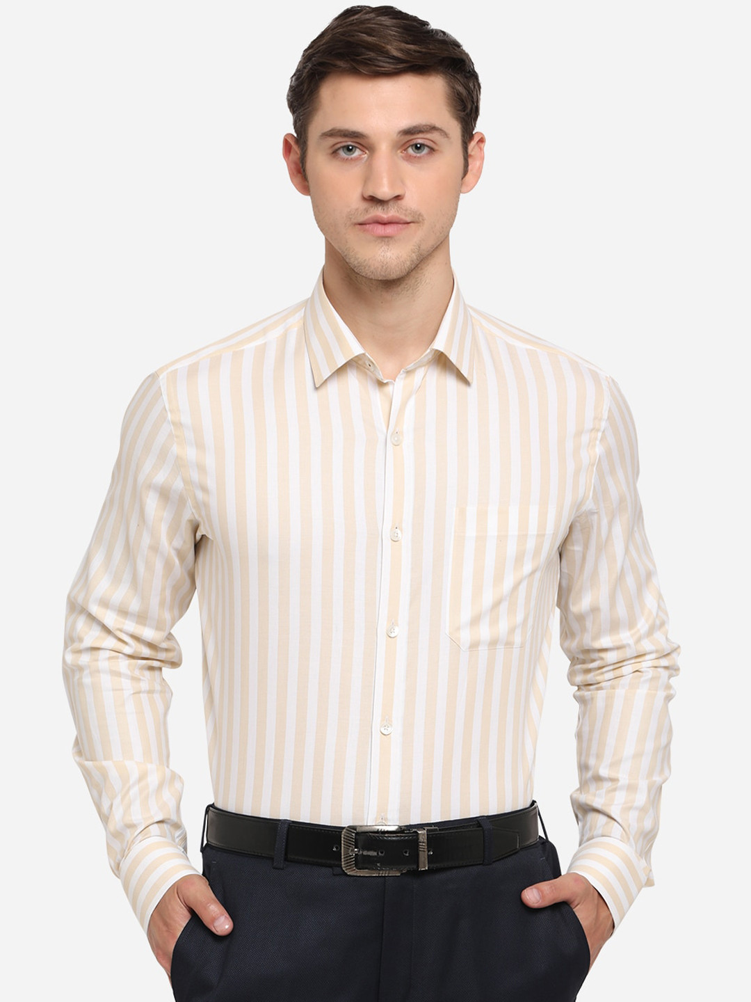 

JADE BLUE Men White & Beige Slim Fit Striped Cotton Formal Shirt