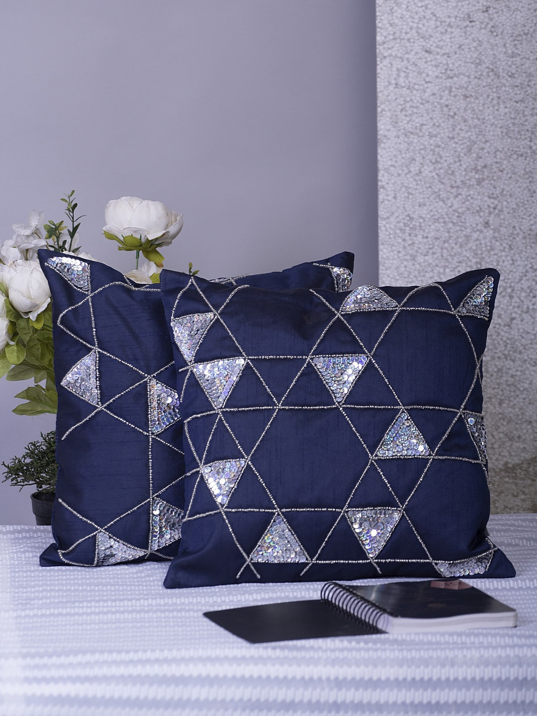 

Alina decor Navy Blue & Silver-Toned Set of 2 Embellished Square Cushion Covers