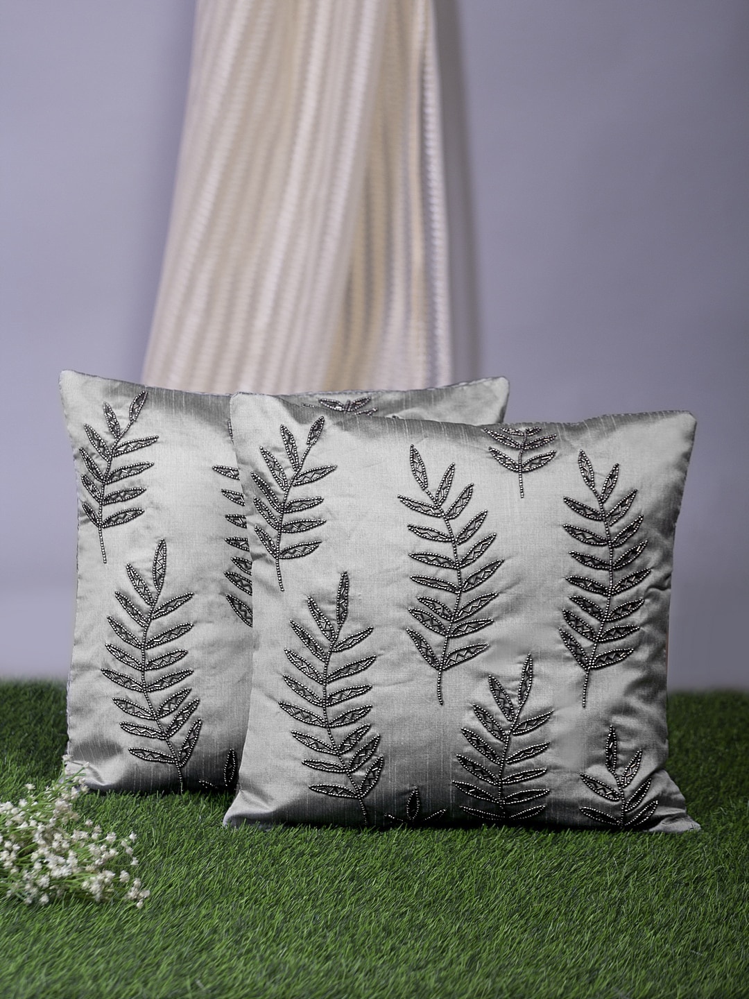 

Alina decor Grey Set of 2 Embellished Square Cushion Covers
