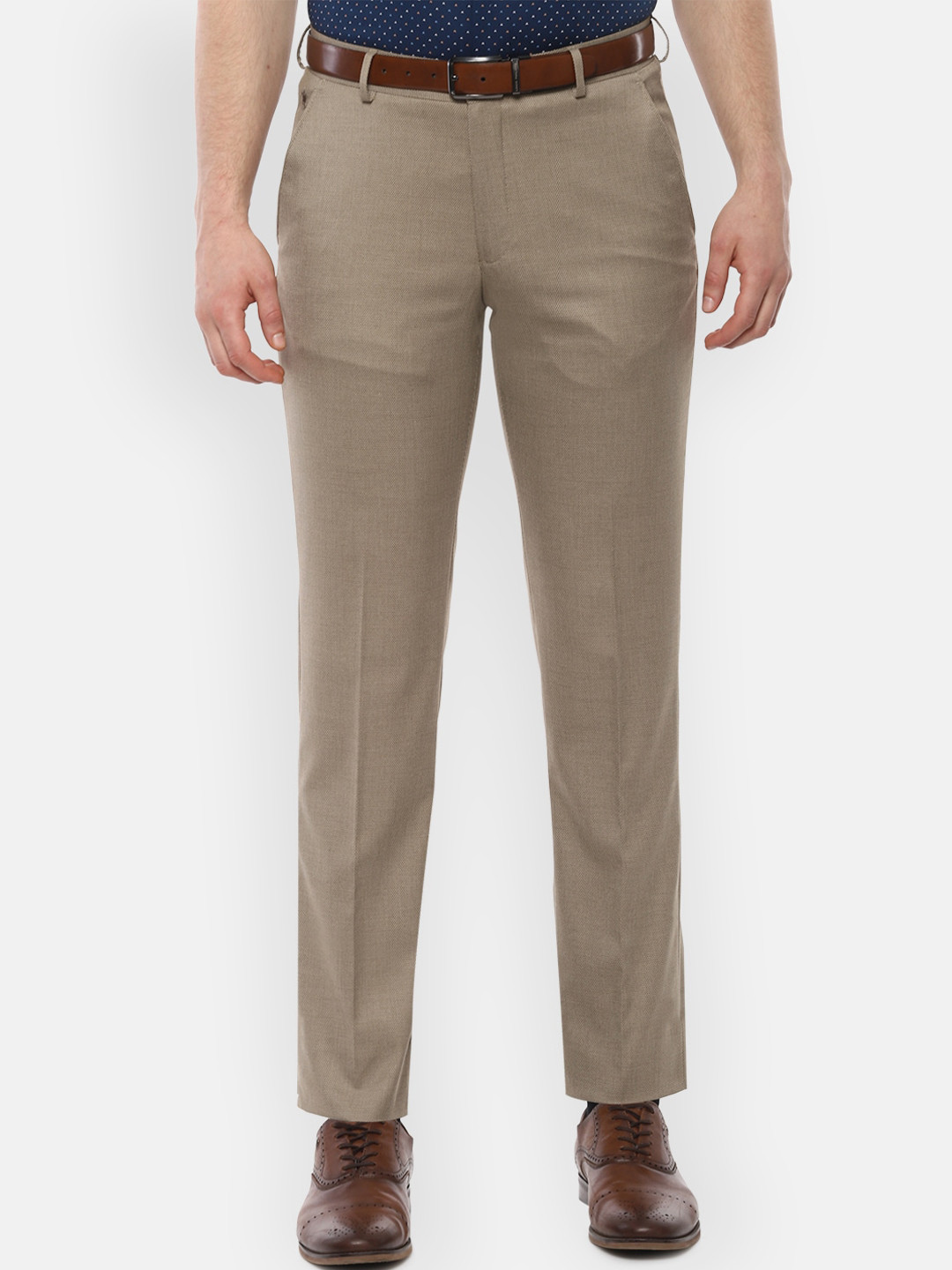 

Louis Philippe Men Beige Regular Fit Self Design Formal Trousers