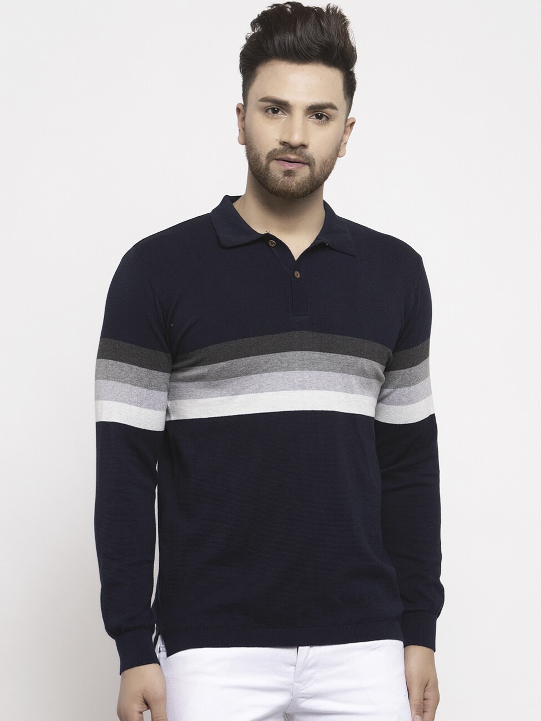 

Kalt Men Navy Blue Striped Polo Collar T-shirt