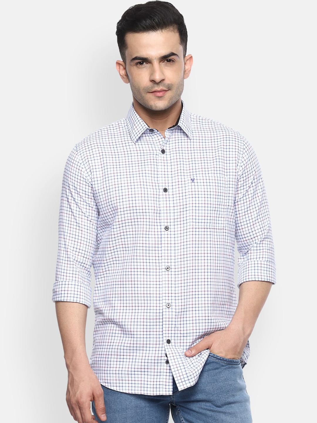 

Van Heusen Sport Men White & Blue Slim Fit Checked Cotton Casual Shirt