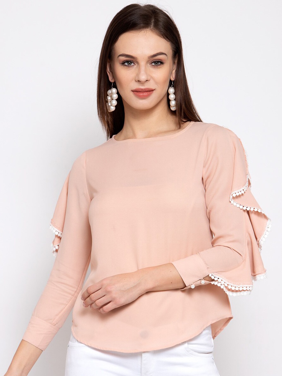 

Style Quotient Peach-coloured Crepe Ruffles Regular Top