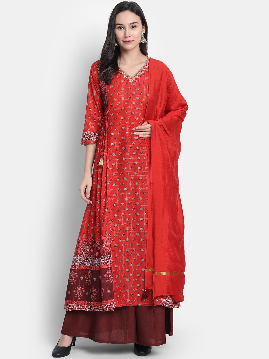 

Janasya Women Orange & Maroon Printed Kurta with Palazzos & Dupatta