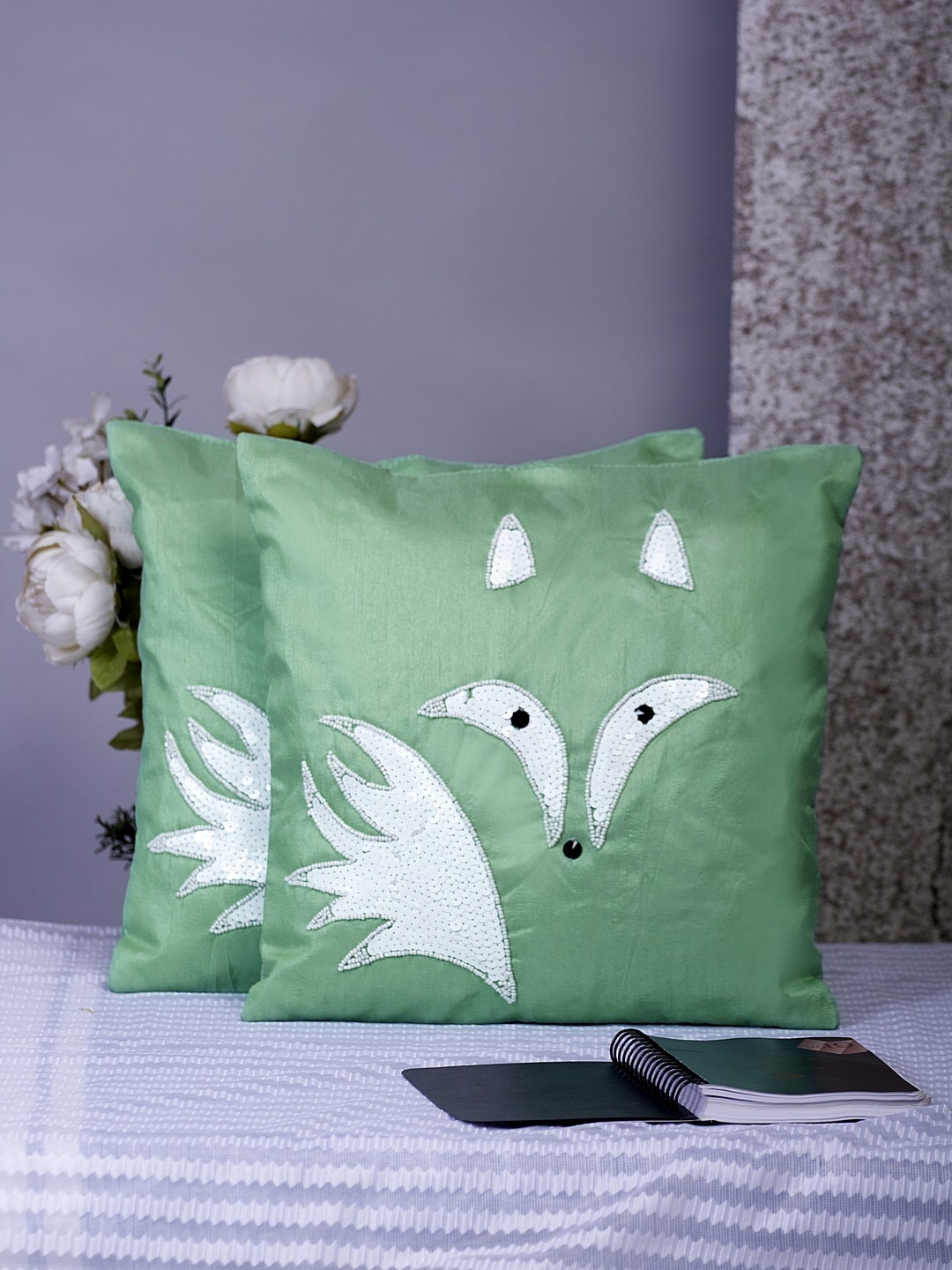 Alina decor Sea Green & White Set of 2 Embellished Square Cushion Covers