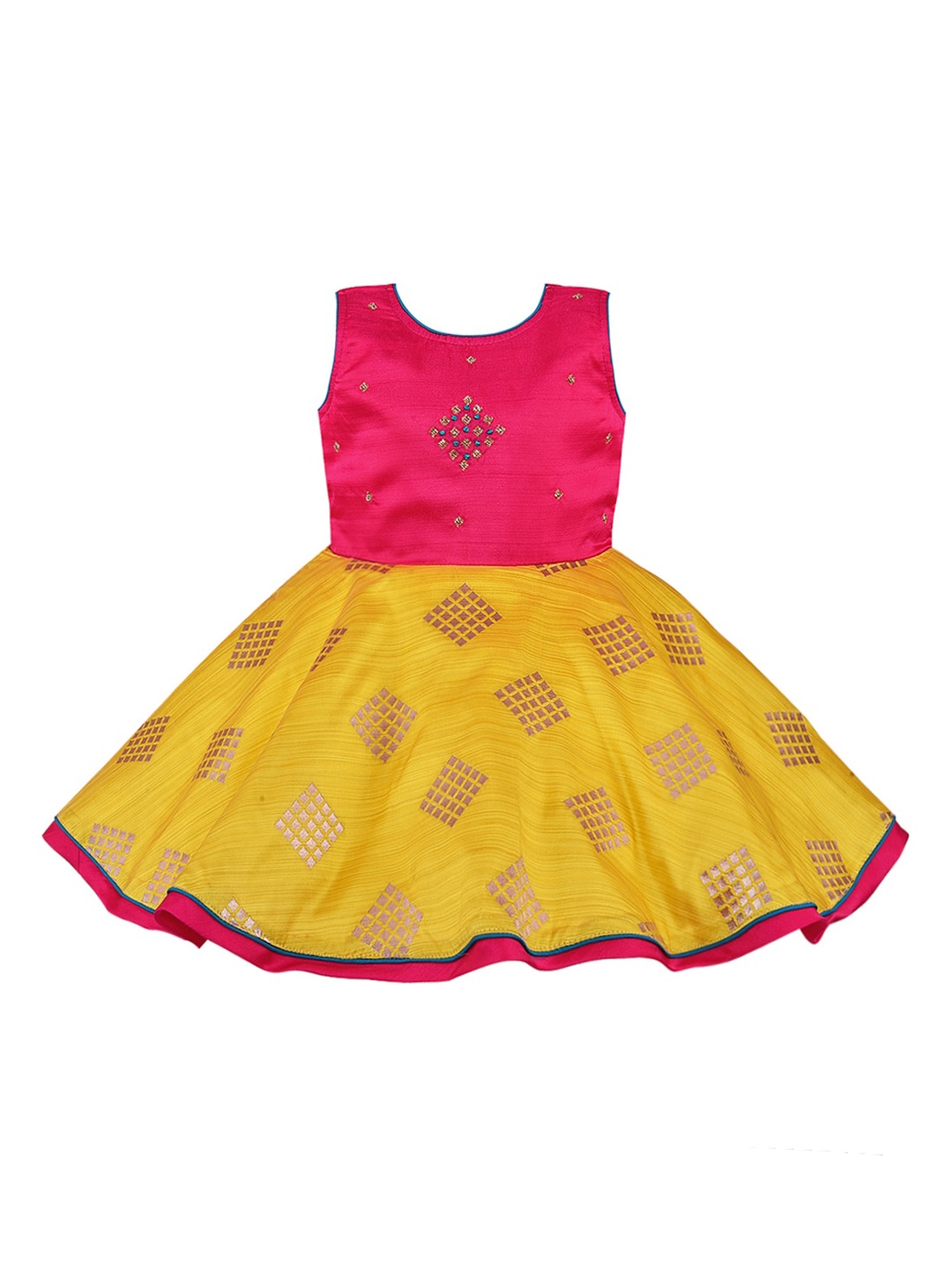 Wish Karo Girls Pink & Yellow Embroidered Fit and Flare Dress