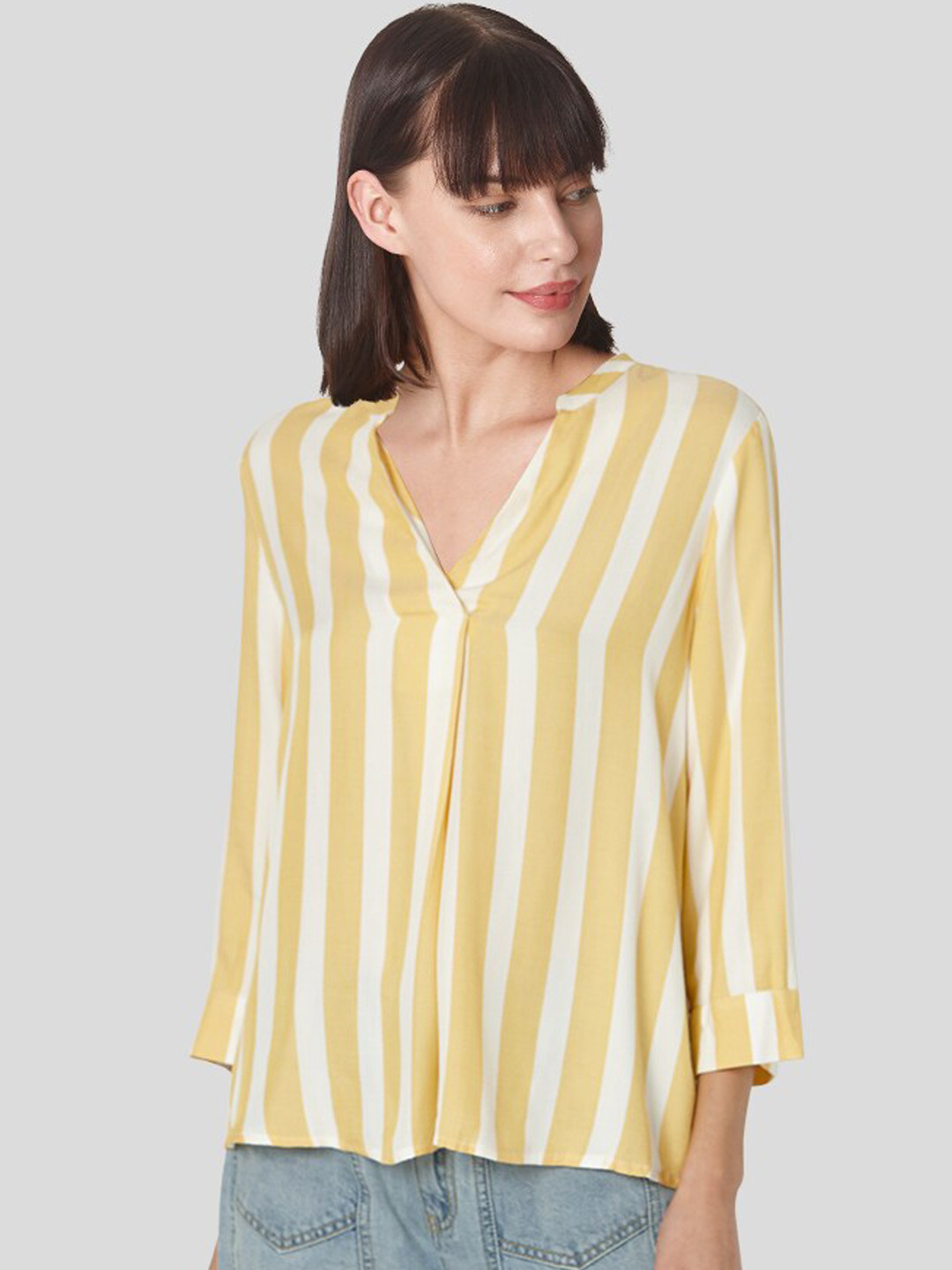

Vero Moda Yellow Striped Mandarin Collar Shirt Style Top