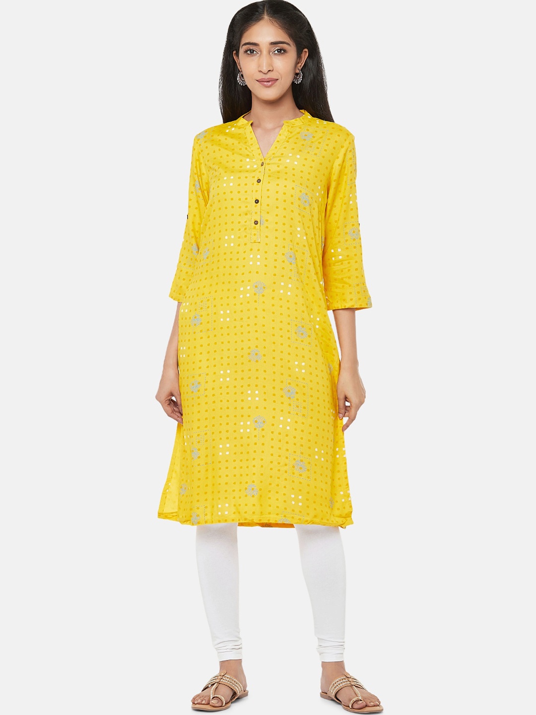 

Rangmanch By Pantaloons Women Yellow & Blue Floral Printed Mandarin Collar Kurta