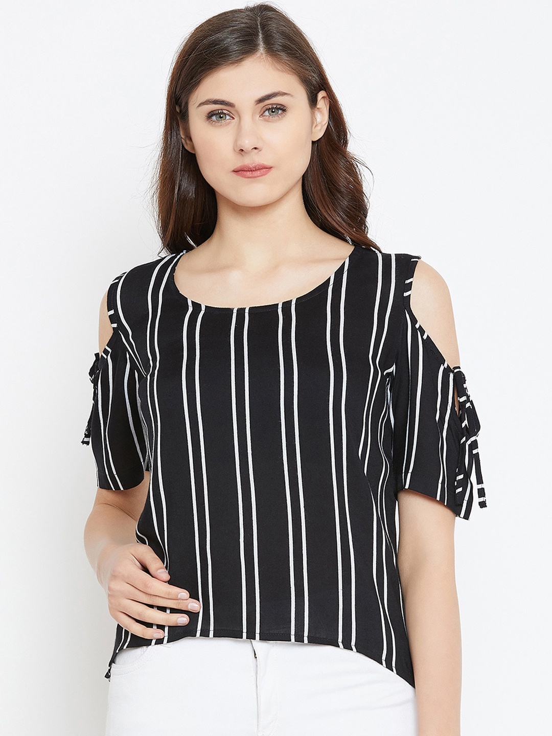

Zastraa Black Striped Cold-shoulder Sleeves Regular Top