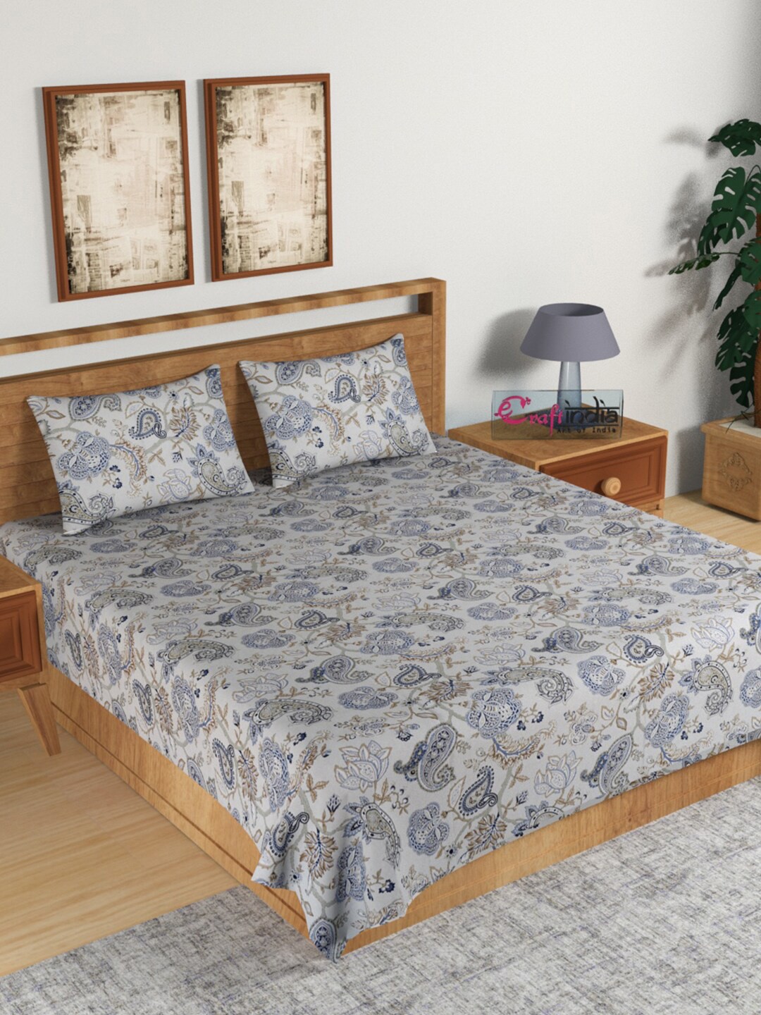 

eCraftIndia Blue & Tan Ethnic Motifs 210 TC Cotton 1 King Bedsheet with 2 Pillow Covers
