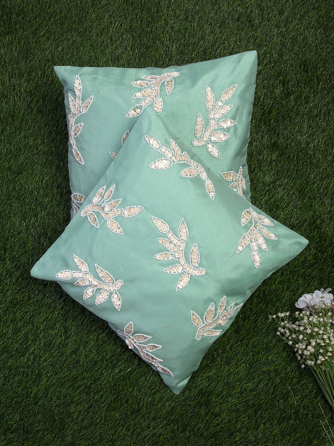 

Alina decor Sea Green & White Set of 2 Embellished Square Cushion Covers