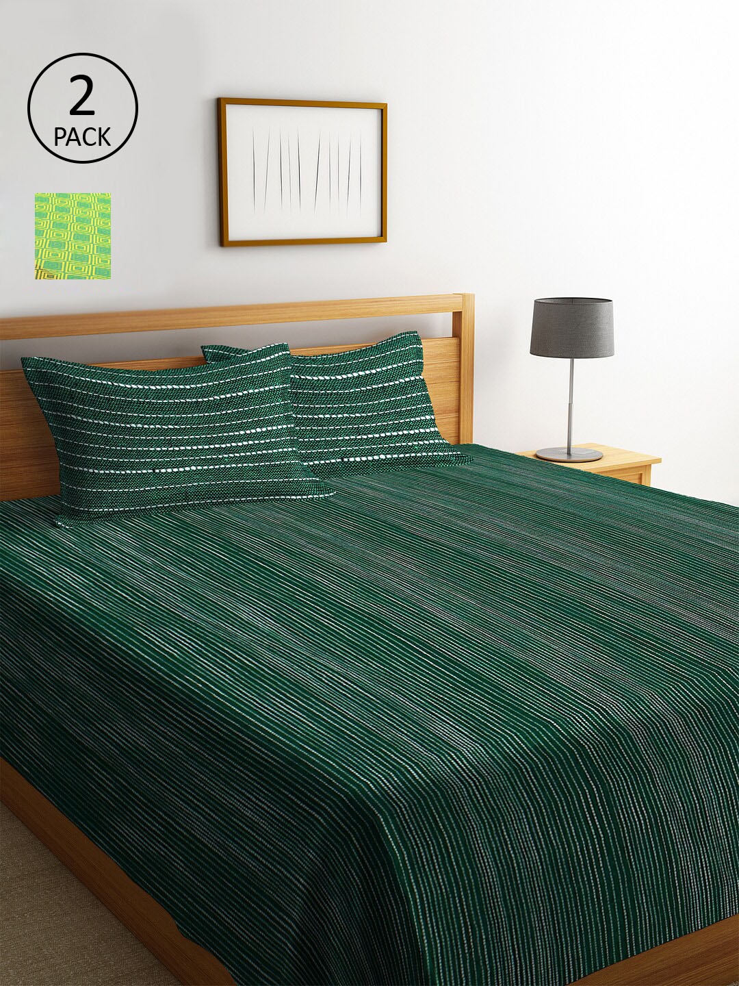 

KLOTTHE Set Of 2 Woven Design Double King Bed Cover with 4 Pillow Covers, Green