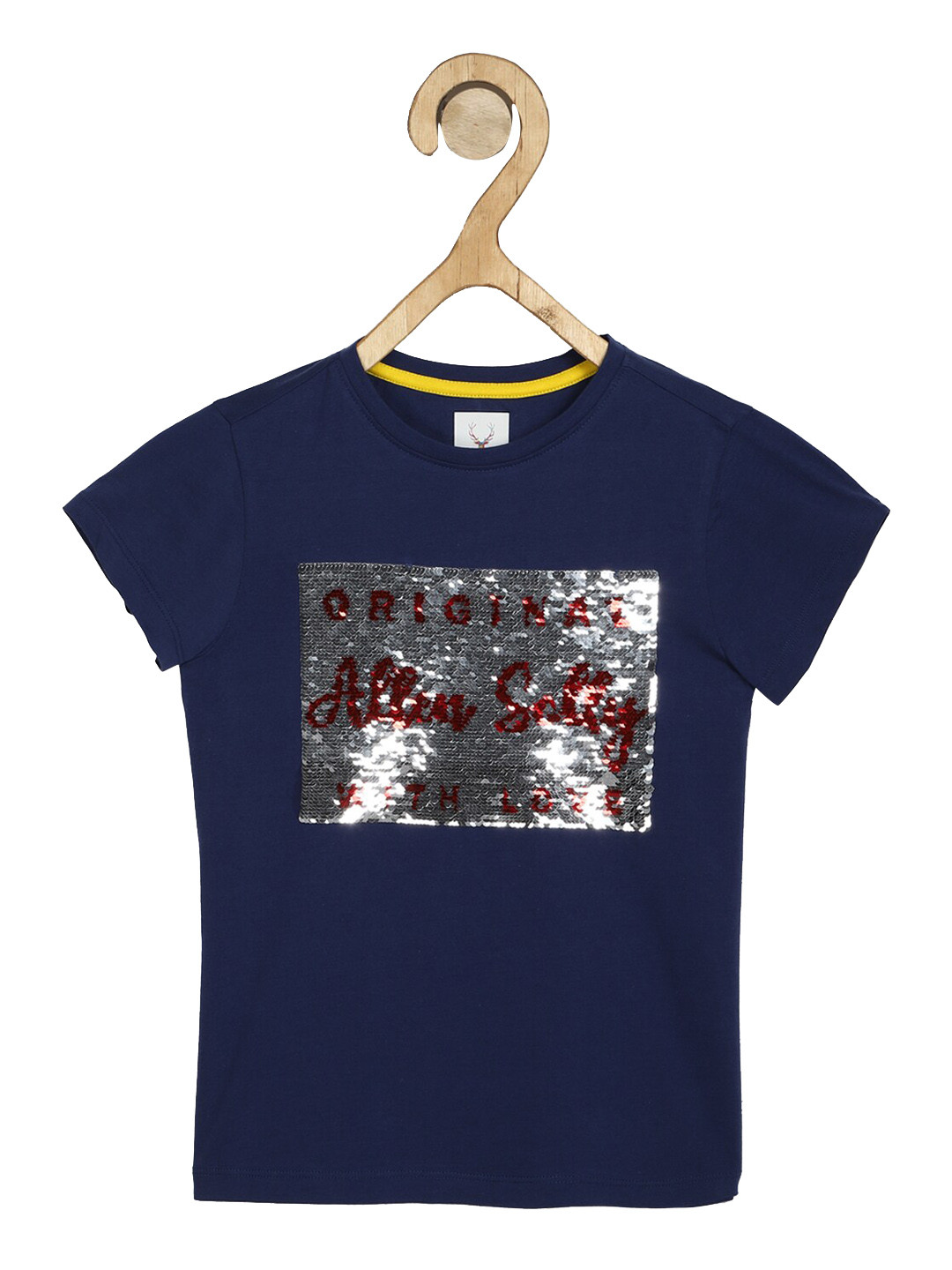 

Allen Solly Junior Girls Navy Blue & Silver-Coloured Sequin Embellished Round Neck T-shirt