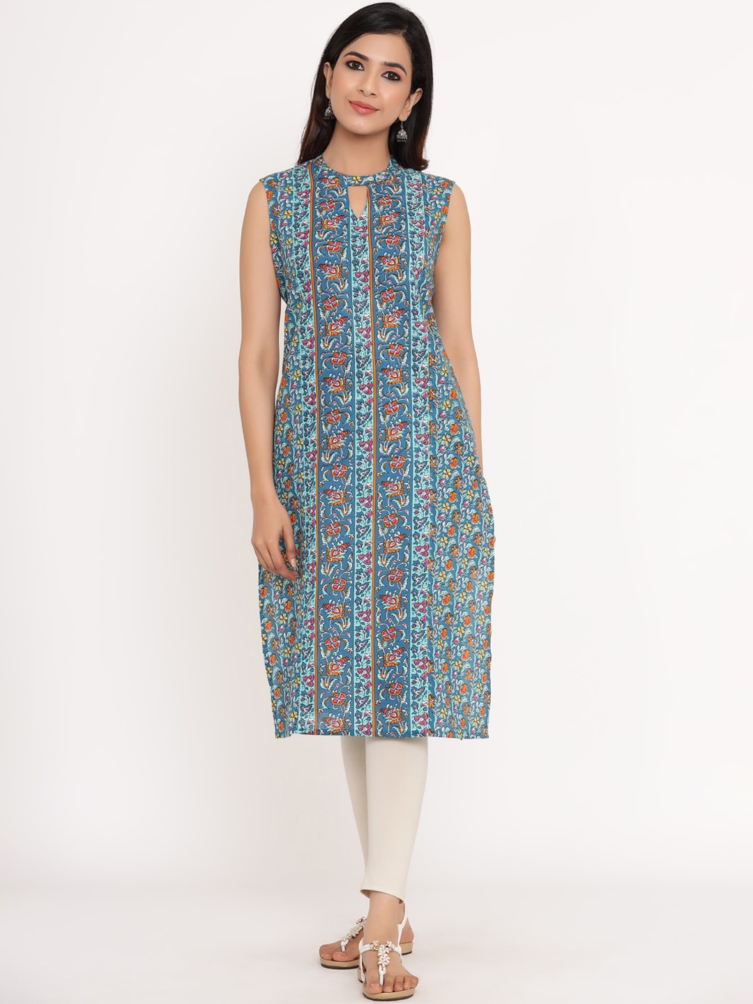 

Sangria Women Teal Floral Printed Keyhole Neck Kurta
