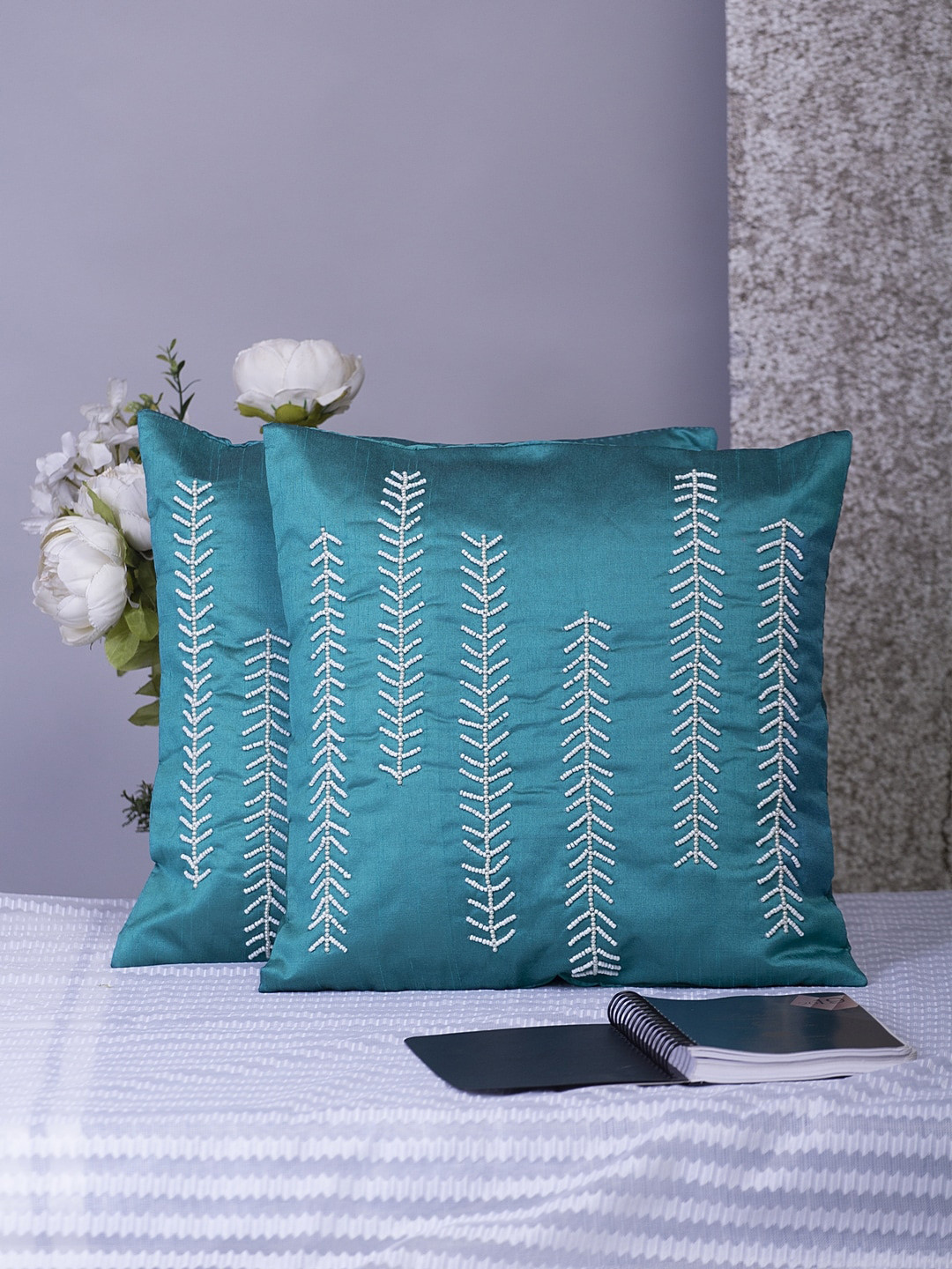 

Alina decor Teal Blue & White Set of 2 Embellished Square Cushion Covers