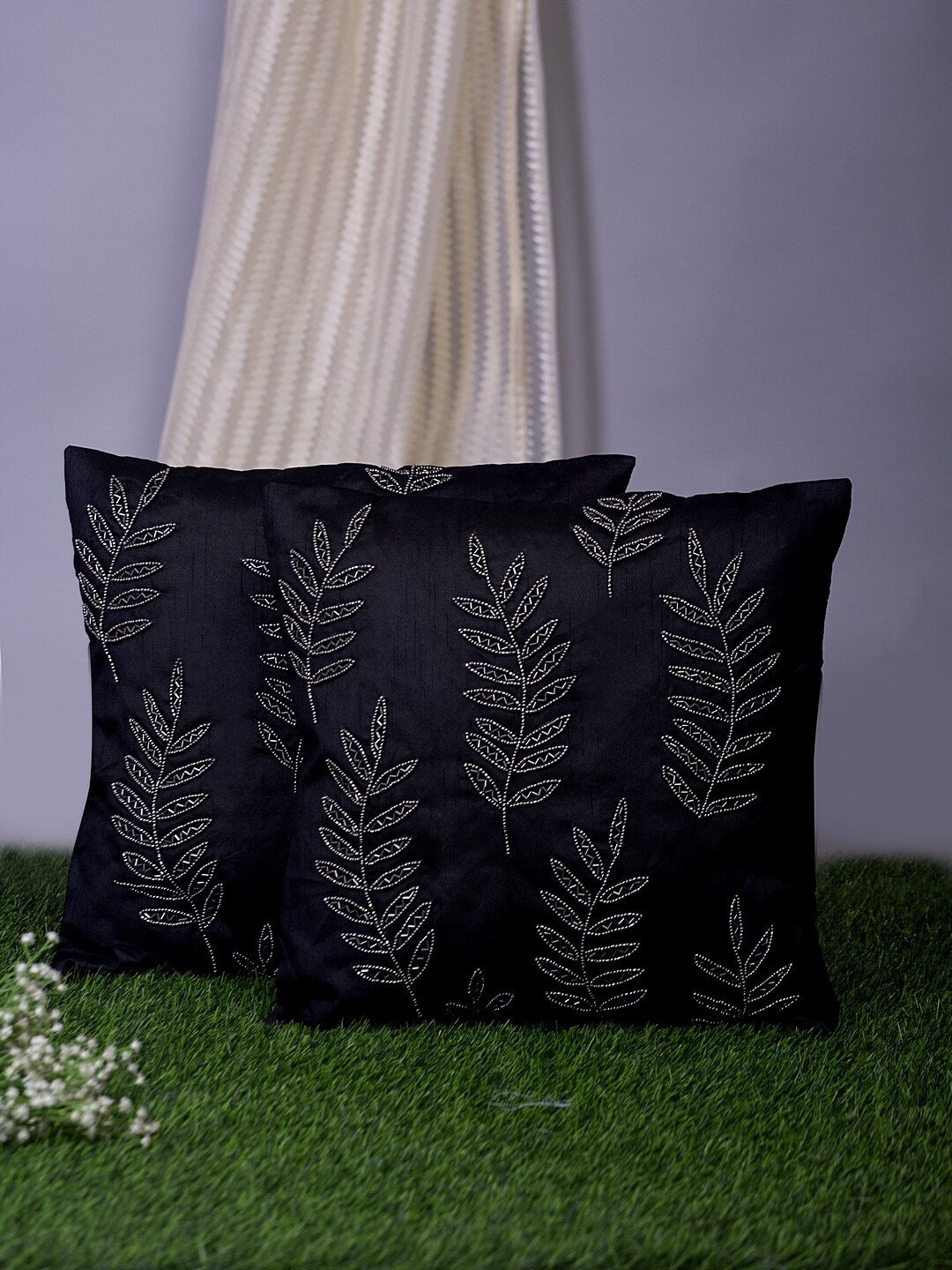 

Alina decor Black Set of 2 Embroidered Square Cushion Covers