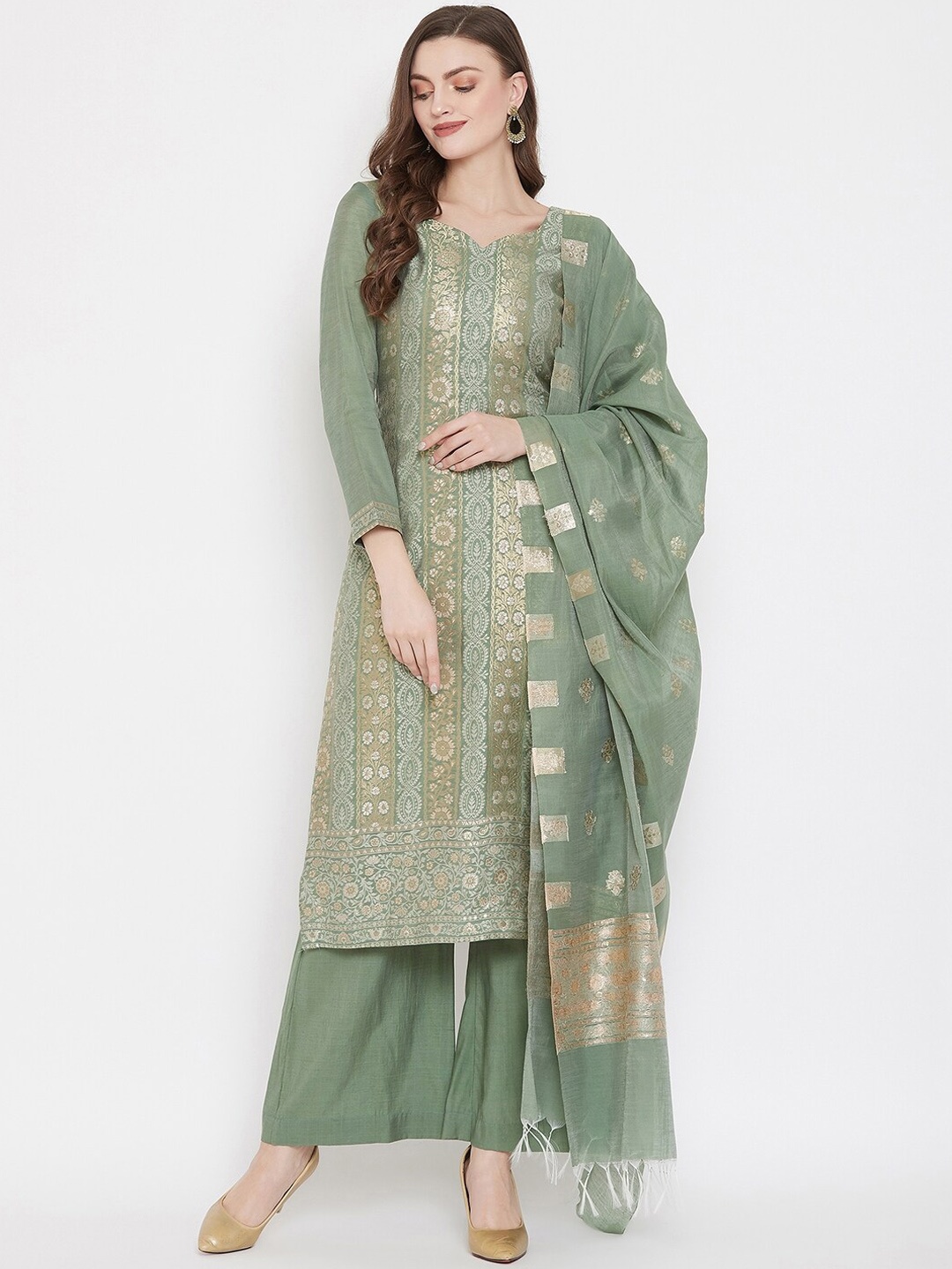 

Safaa Olive Green & Gold-Toned Cotton Blend Woven Design Unstitched Dress Material For Summer