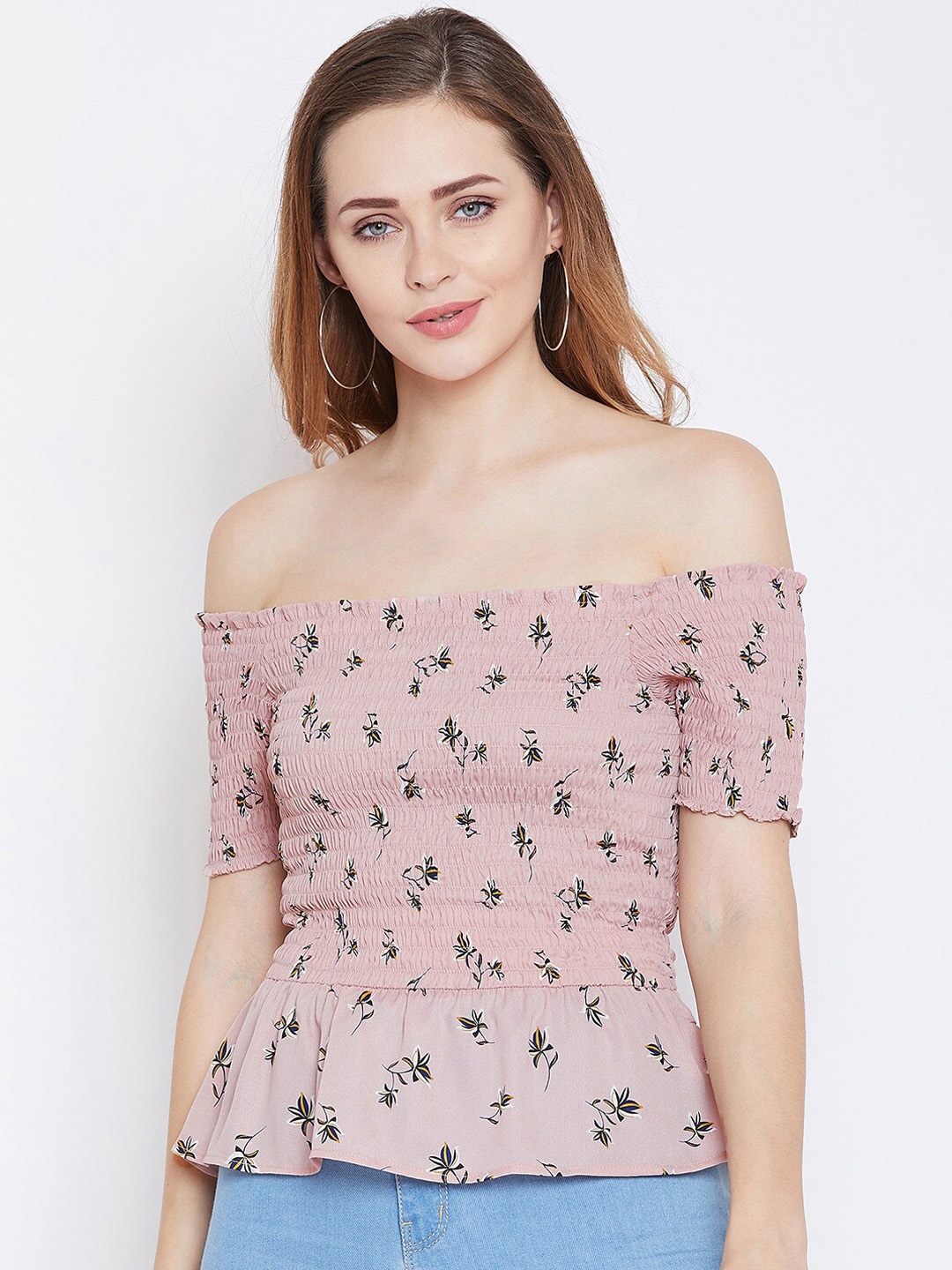 

Zastraa Pink Floral Printed Off-shoulder Bardot Top