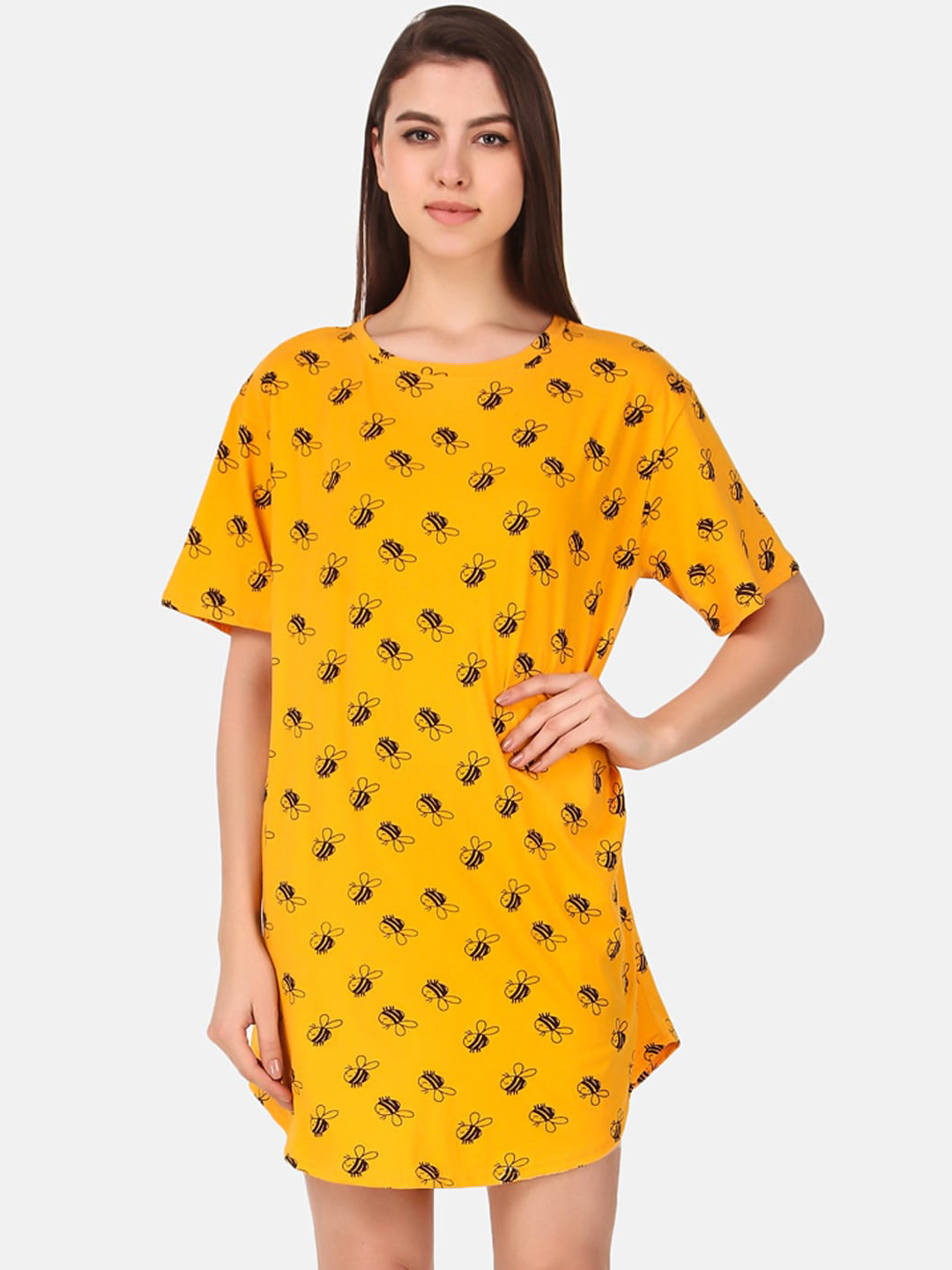 

Masha Women Yellow & Black Printed Above Knee-Length Nightdress