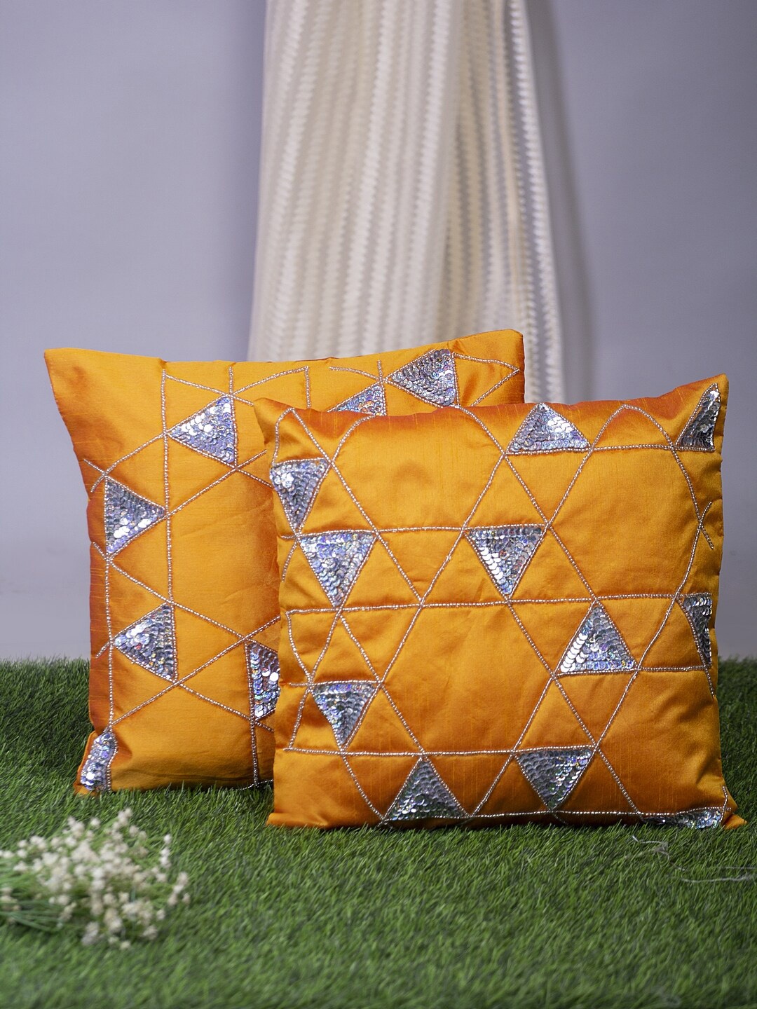 Alina decor Yellow & Silver-Toned Set of 2 Embellished Square Cushion Covers