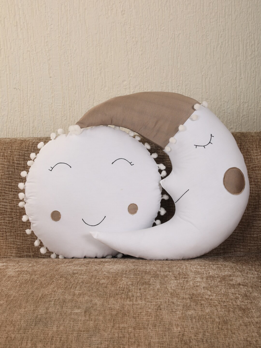 

YK Kids Set of 2 White & Brown Embroidered Sun and Moon Cushions