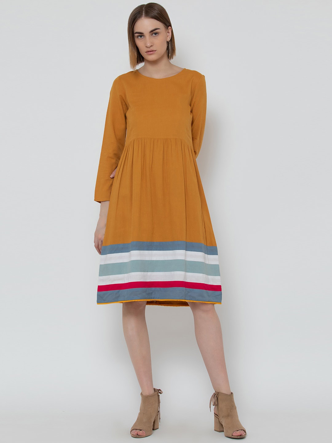 DODO & MOA Women Yellow Solid Fit and Flare Dress