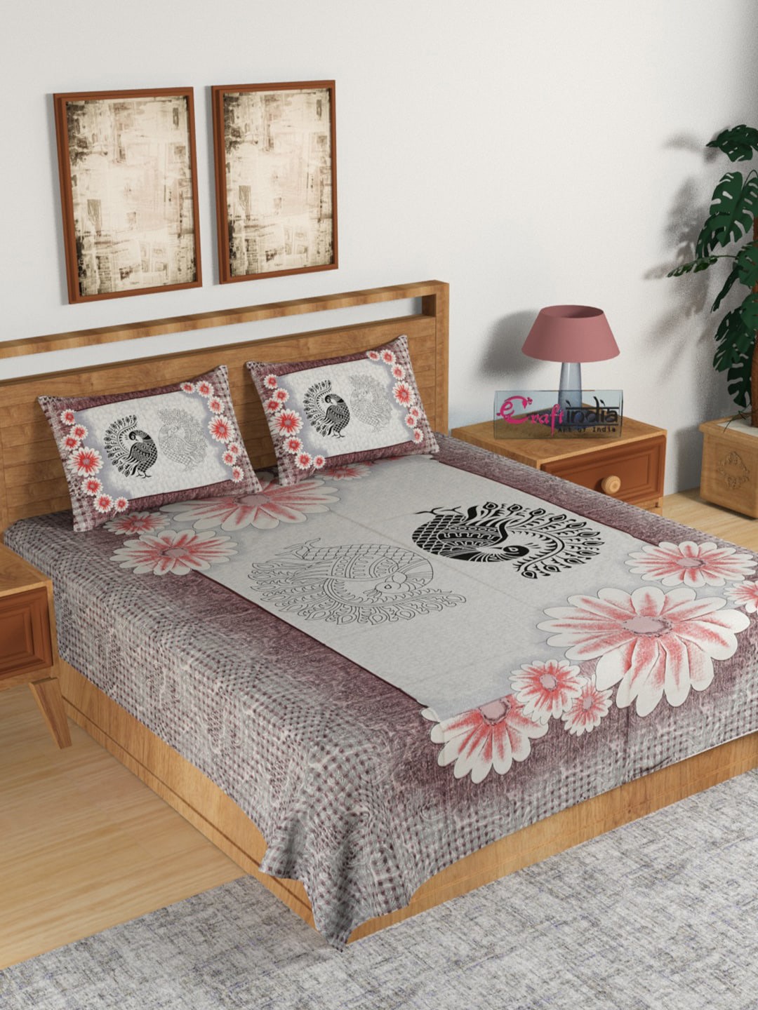 

eCraftIndia Pink & White Ethnic Motifs 180 TC Cotton 1 King Bedsheet with 2 Pillow Covers