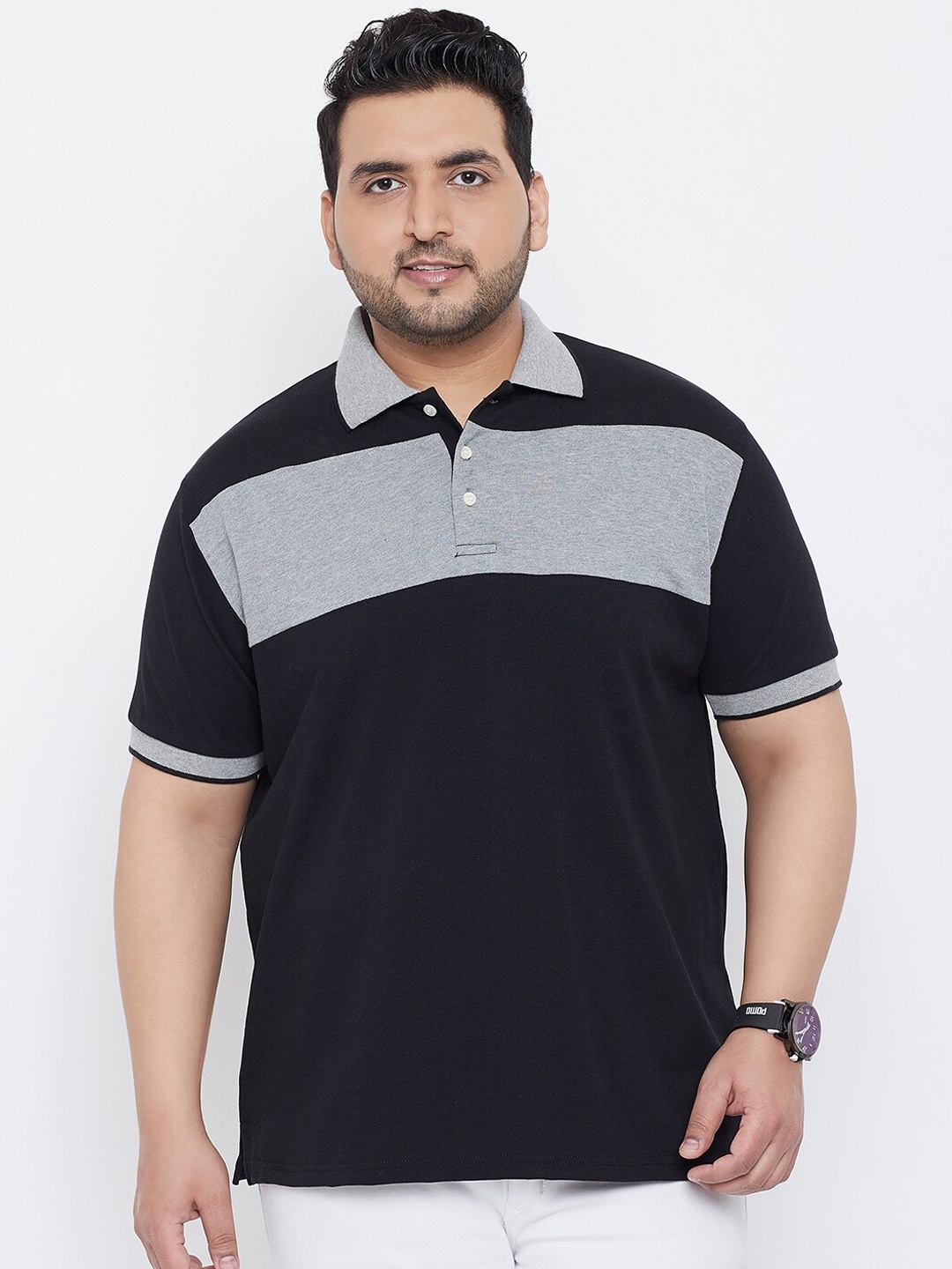 

bigbanana Men Plus Size Black Colourblocked Polo Collar T-shirt