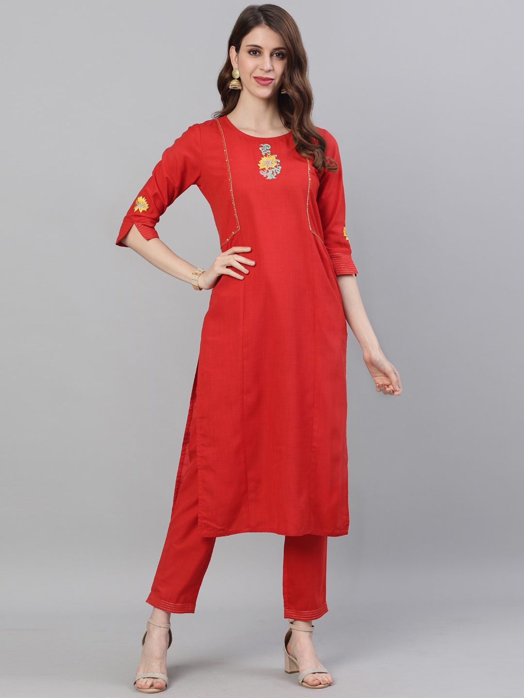 

Jaipur Kurti Women Red Embroidered Kurta with Trousers