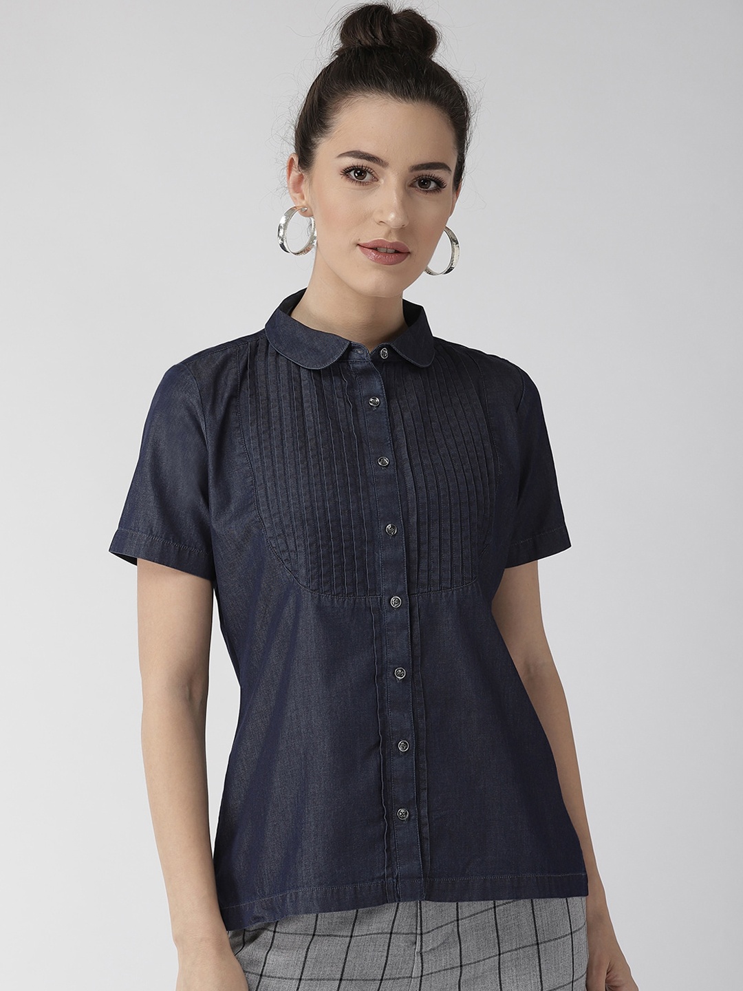 Xpose Women Navy Blue Regular Fit Solid Casual Shirt