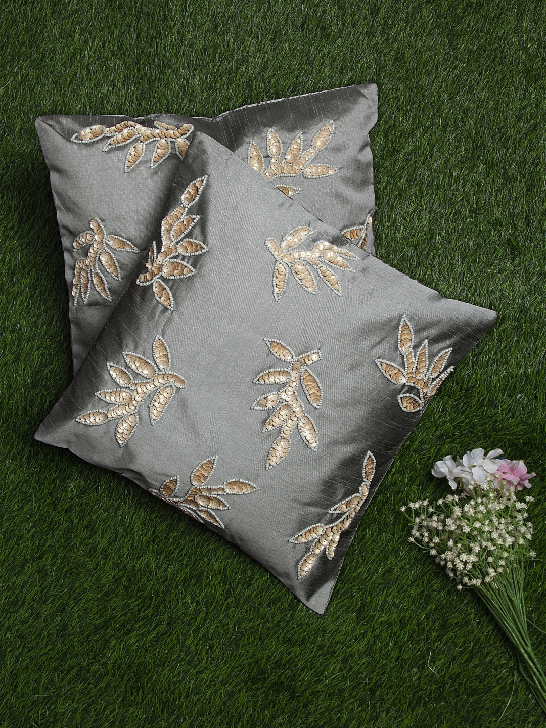 

Alina decor Grey & Beige Set of 2 Embellished Square Cushion Covers