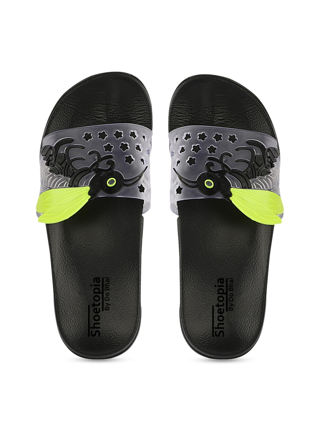 

Shoetopia Women Transparent & Fluorescent Green Self Design Sliders