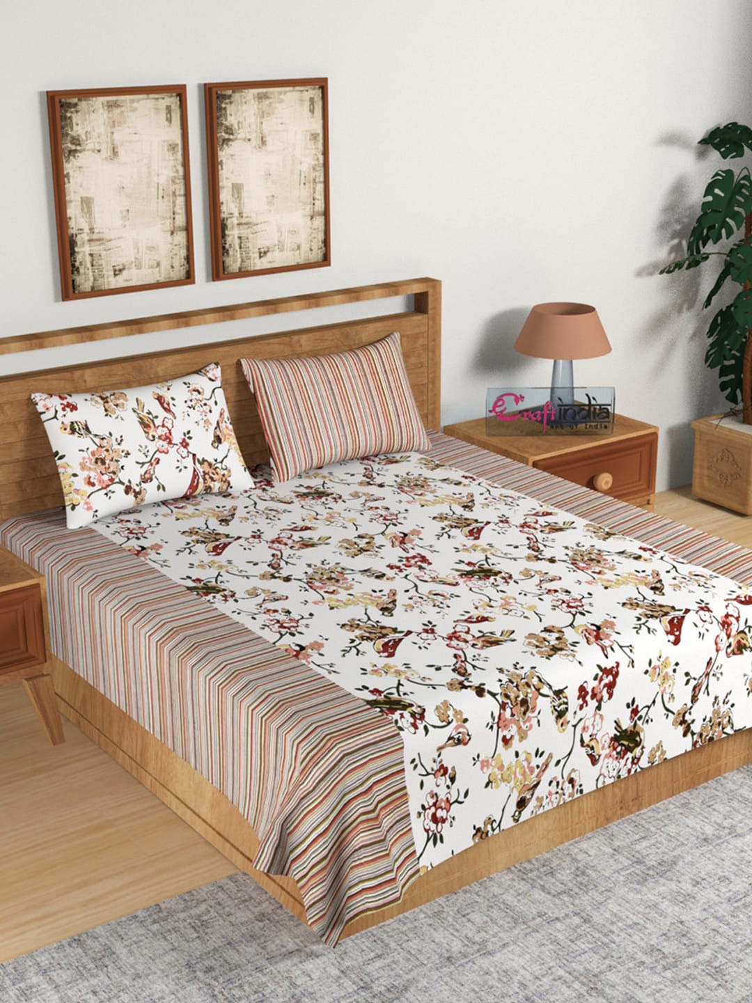 

eCraftIndia Off-White & Brown Floral 144 TC Cotton 1 King Bedsheet with 2 Pillow Covers