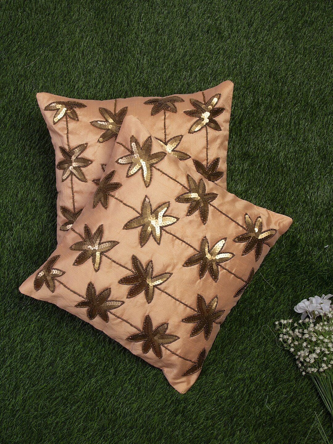 

Alina decor Peach & Gold Set of 2 Embellished Square Cushion Covers
