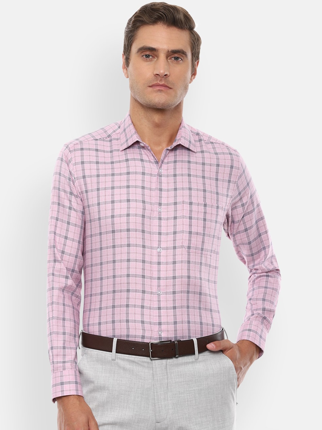 

Louis Philippe Men Pink Slim Fit Checked Casual Cotton Shirt