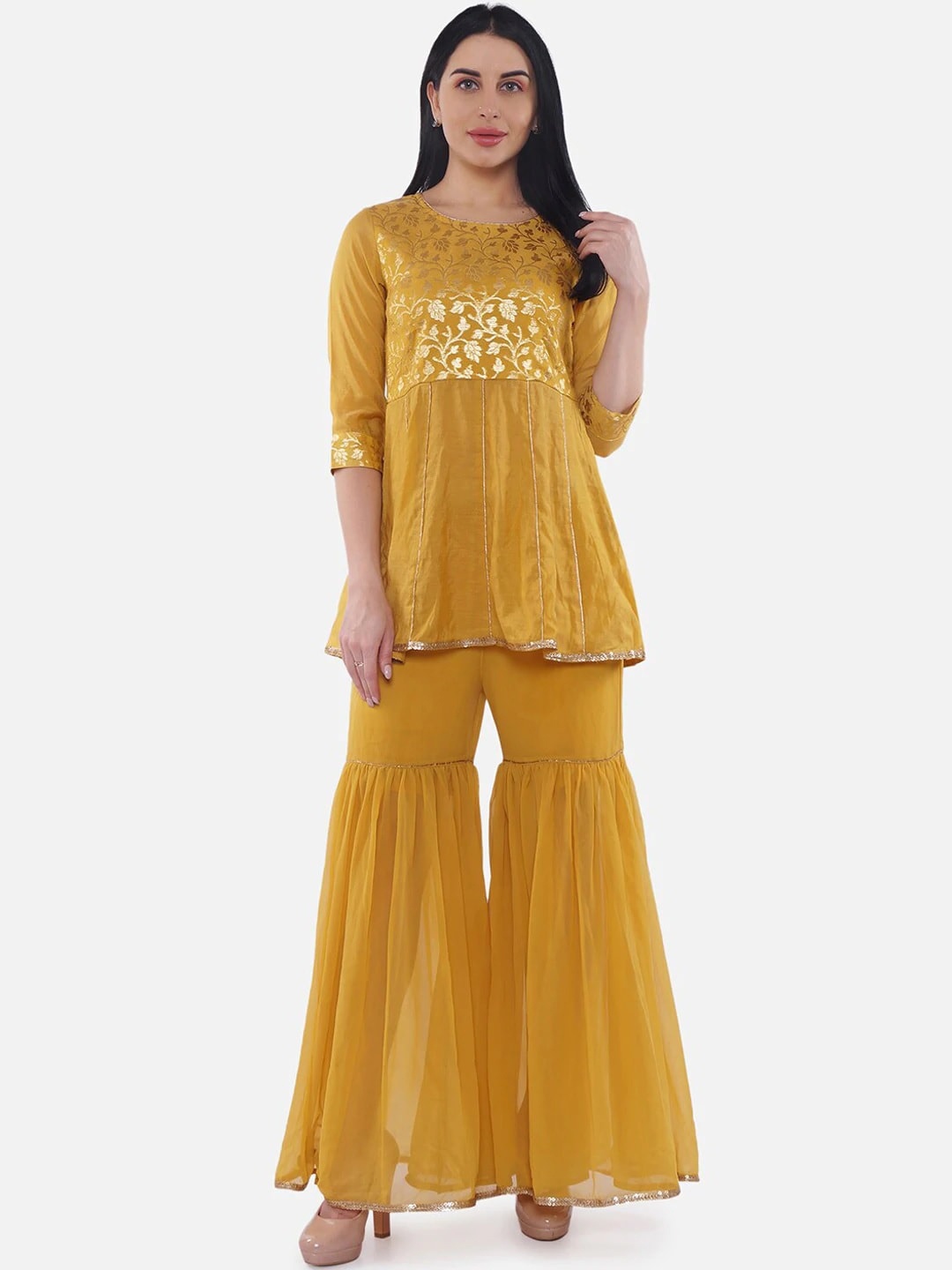 

Be Indi Women Mustard Yellow & Gold-Toned Woven Design Kurti with Sharara