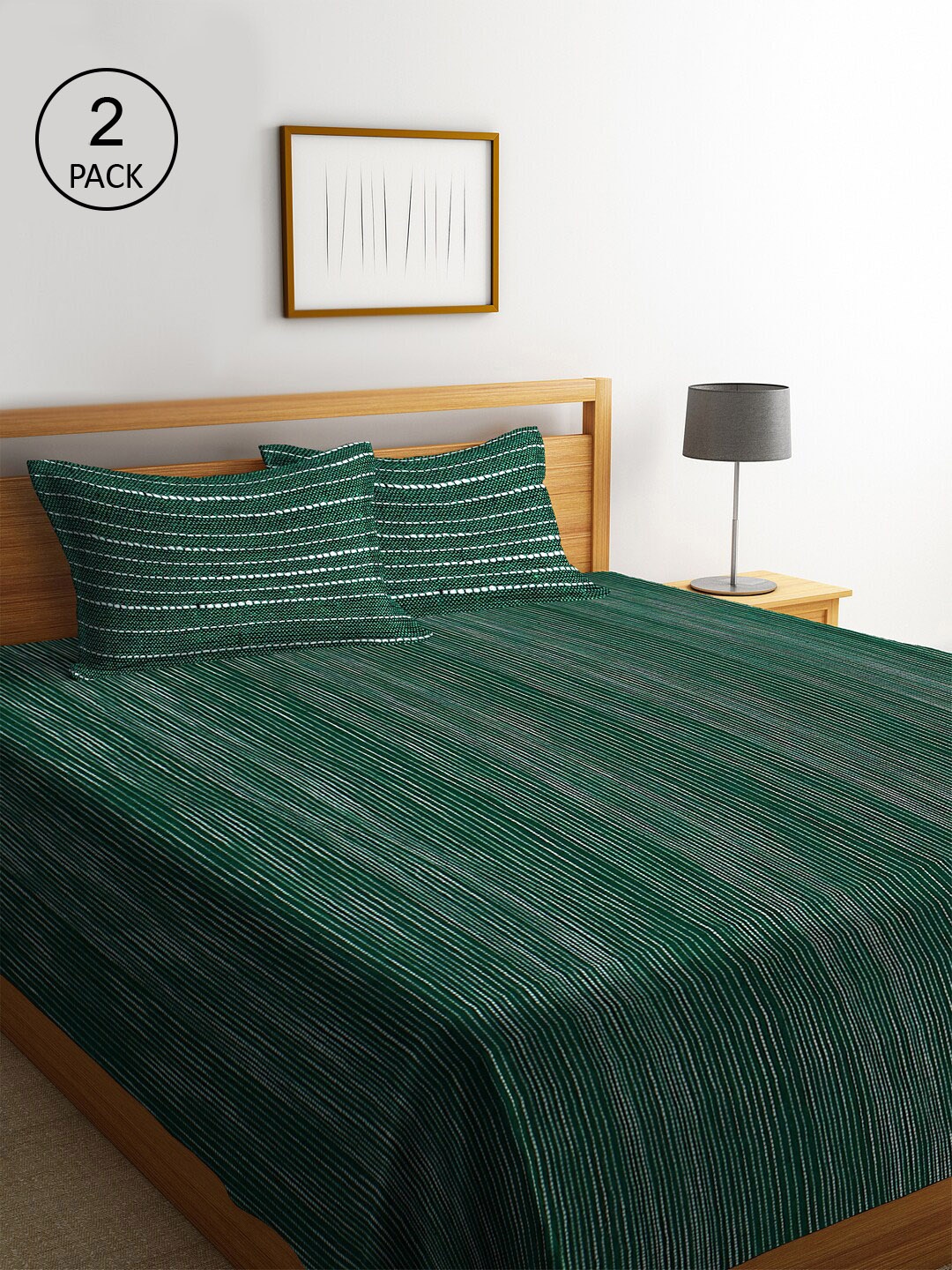 

KLOTTHE Green & Pink Set Of 2 Woven-Design Bed Cover With 4 Pillow Covers