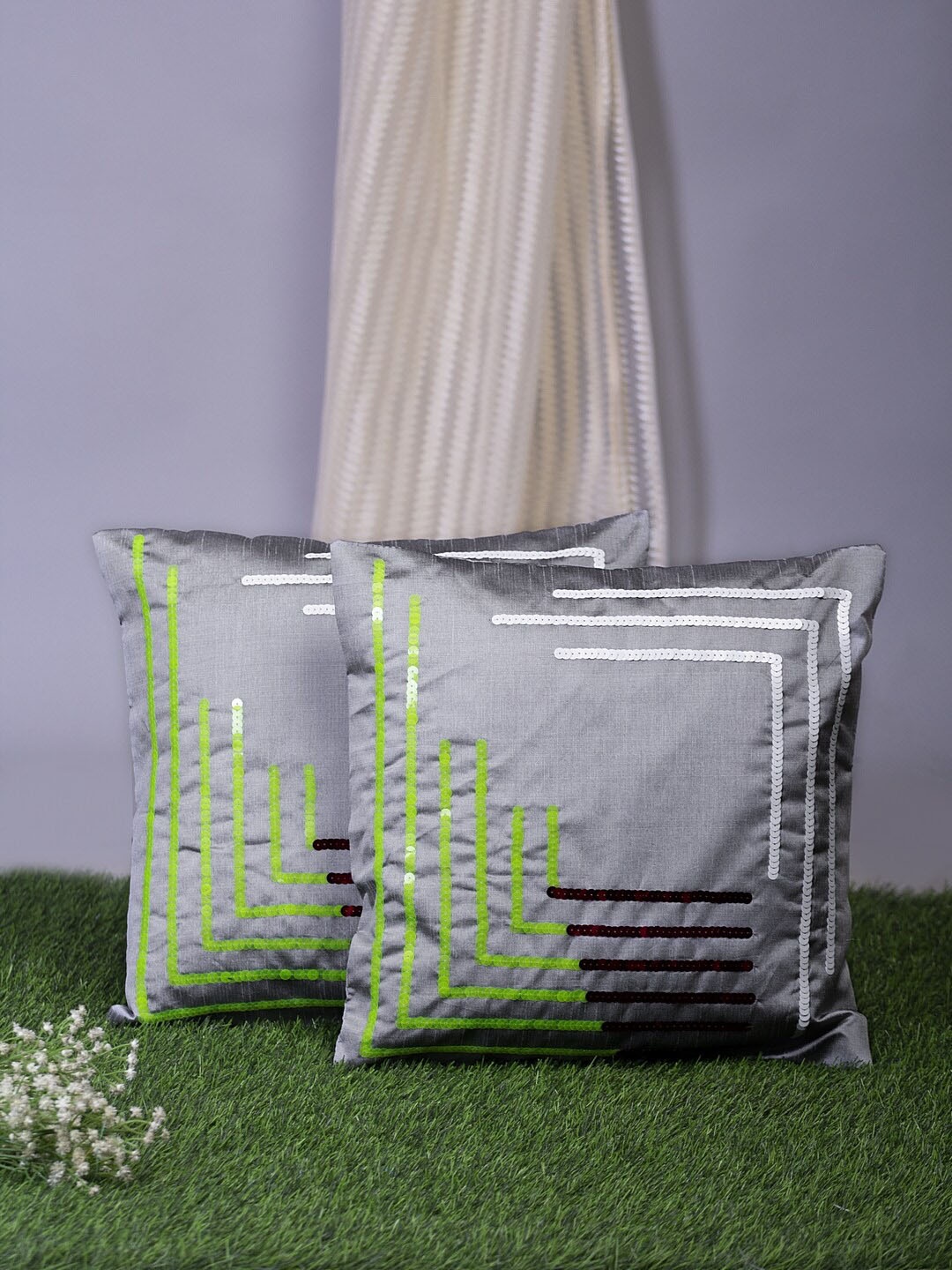 

Alina decor Grey & White Set of 2 Embellished Square Cushion Covers