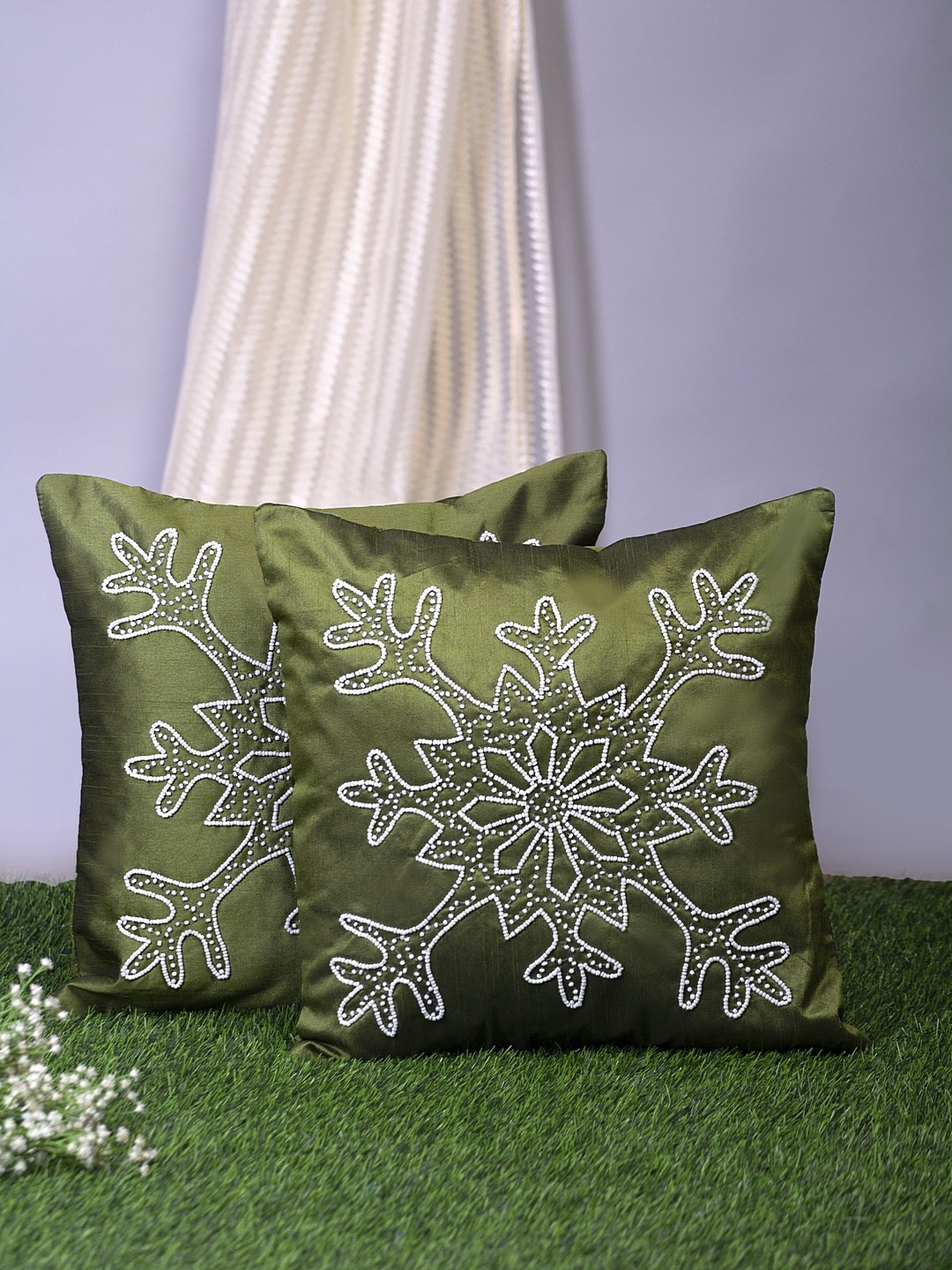 

Alina decor Olive Green Set of 2 Embellished Square Cushion Covers