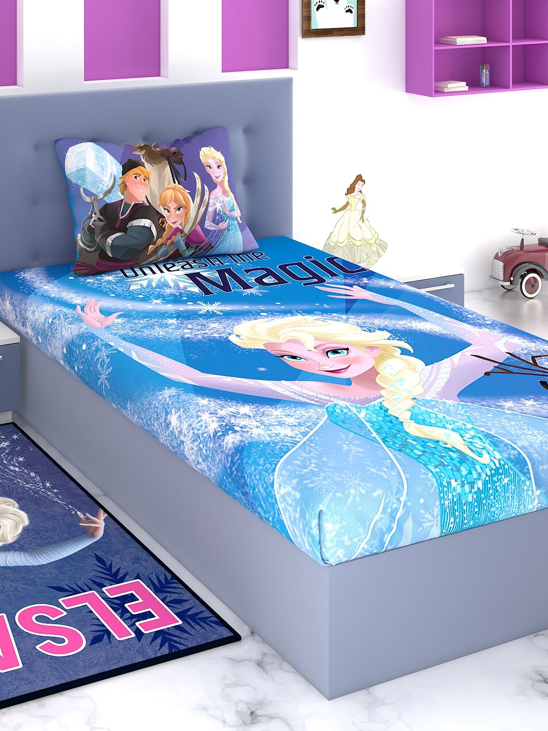 Disney Blue Frozen Printed 180 TC Cotton 1 Single Bedsheet with 1 Pillow Covers