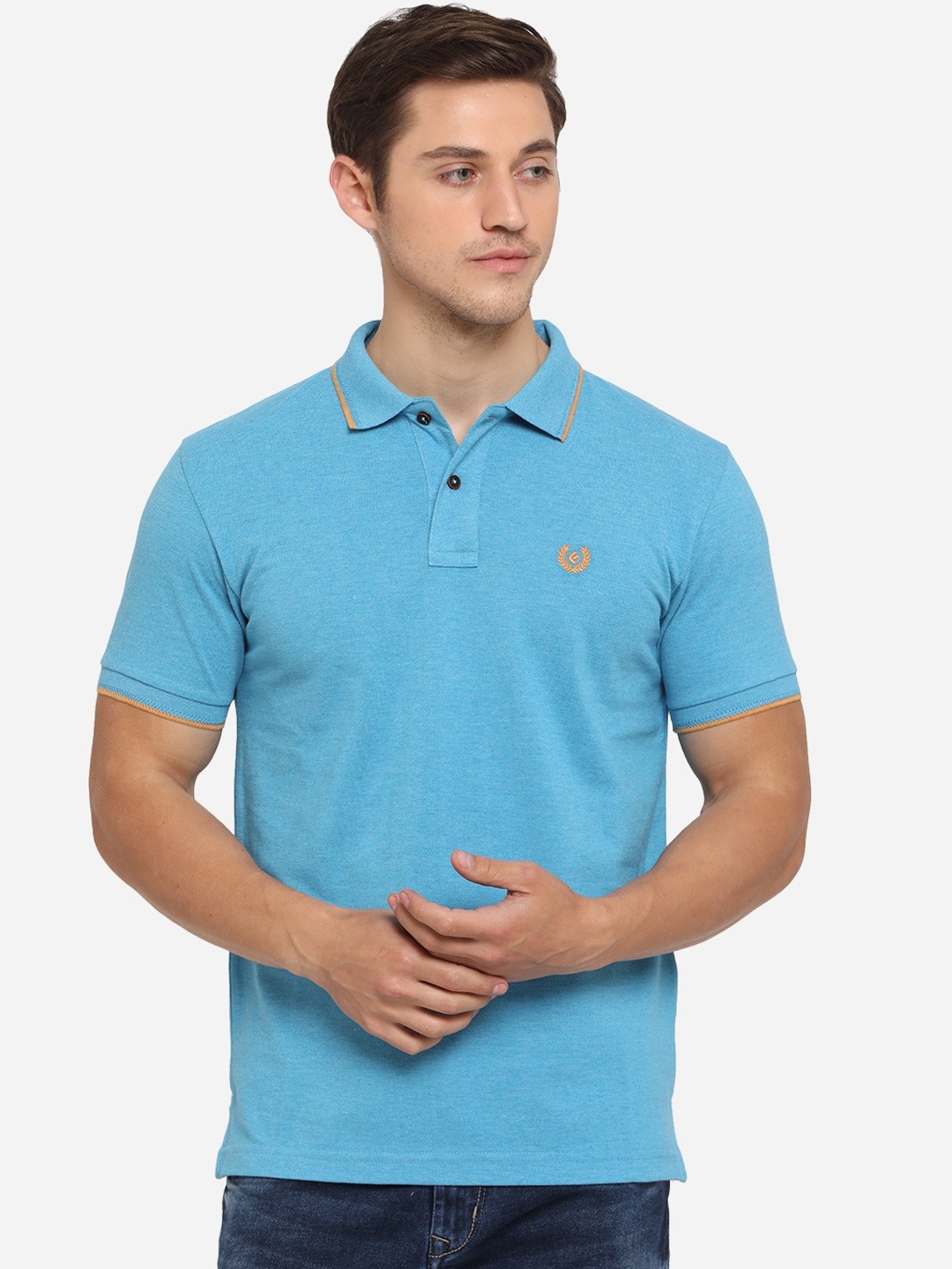 

Greenfibre Men Turquoise Blue Solid Polo Collar T-shirt