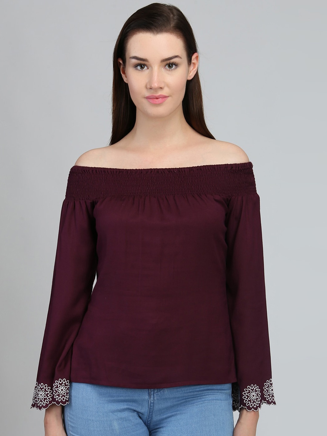 

Dodo & Moa Burgundy Off-shoulder Flared Sleeves Bardot Top